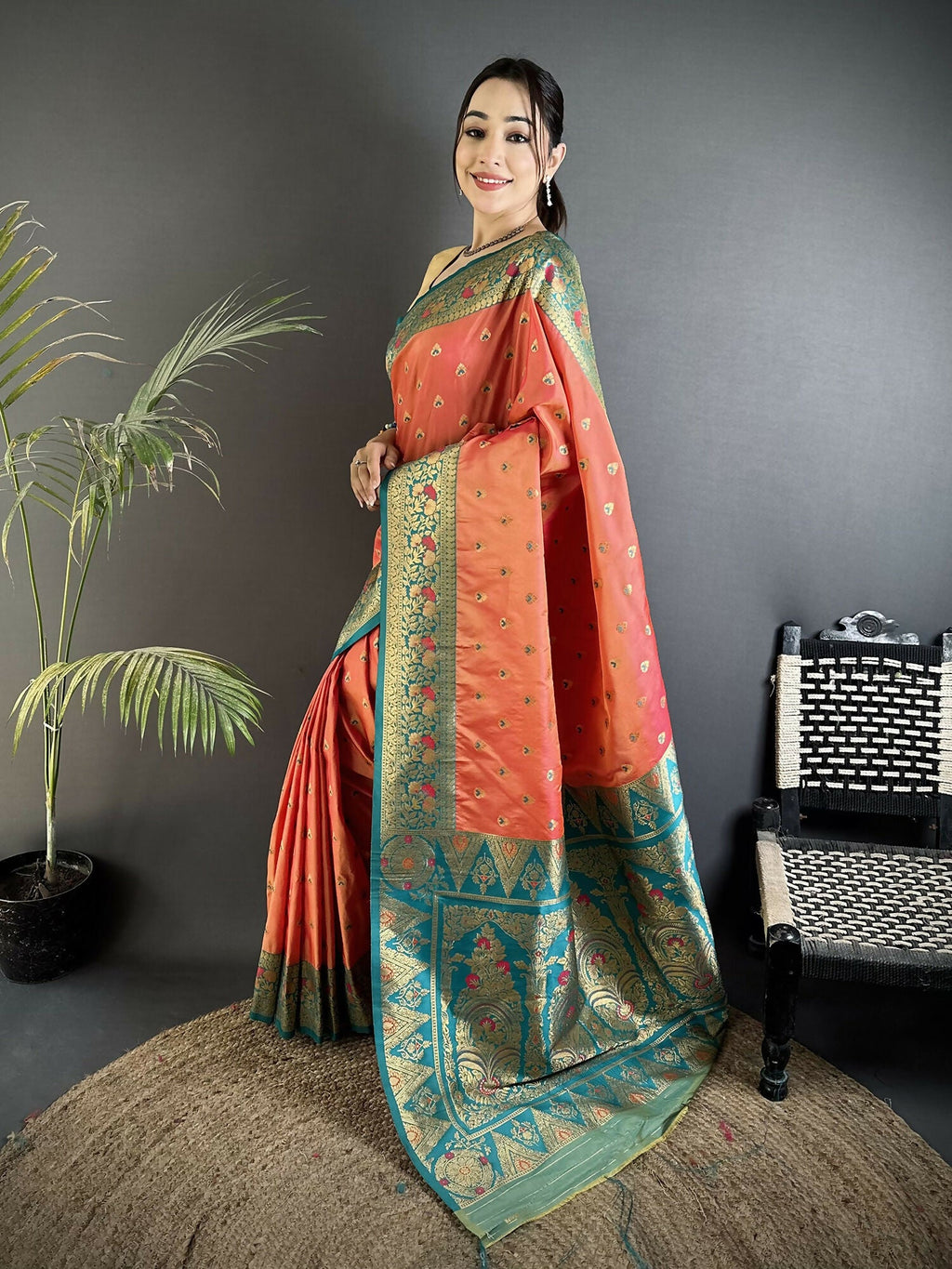 Coral Pink Soft Silk Banarasi Saree with Intricate Motifs