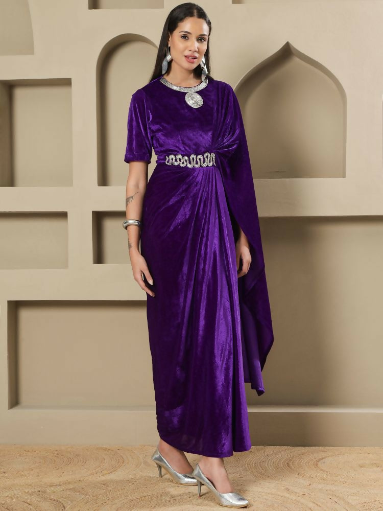 Women Purple Velvet Stitched Dress with Hand Embellishment