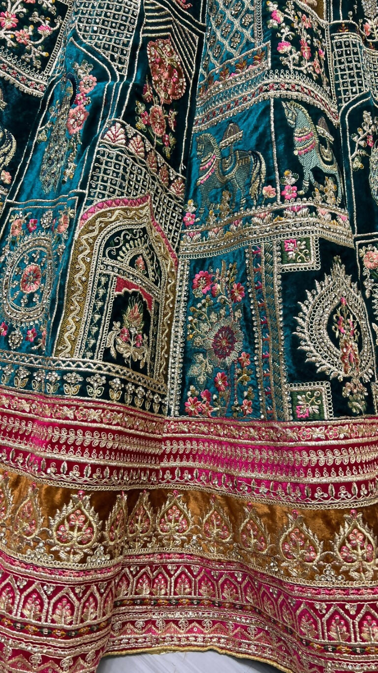 Teal Green Velvet Wedding Lehenga Choli with Dori and Sequins