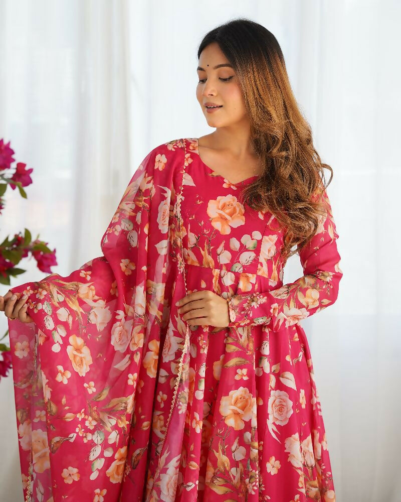 Pink Organza Kurta Set with Sequin Embroidery and Cotton Bottoms