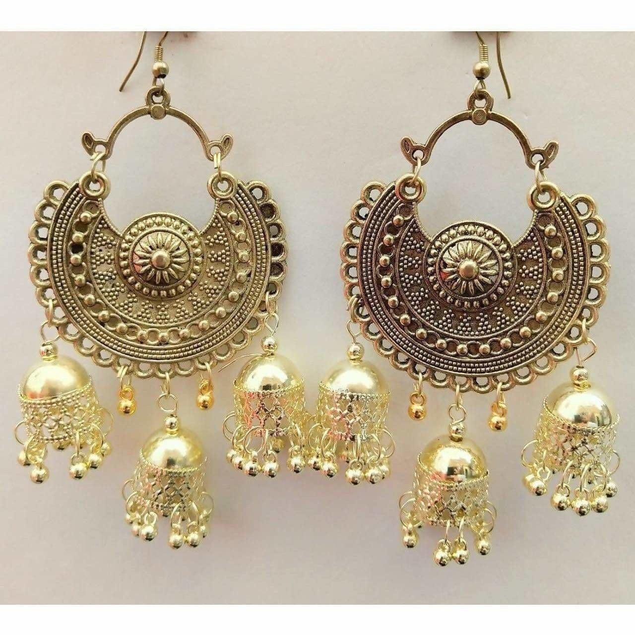 Gold-plated traditional Bahubali Chandbali Jhumka earrings for festive wear.