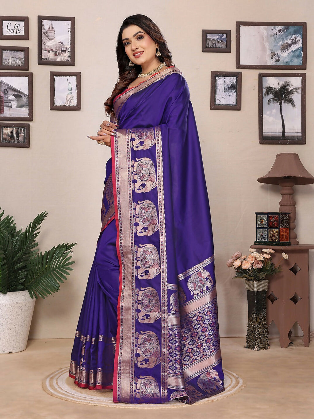Royal Blue Solid Banarasi Brocade Silk Saree with Blouse