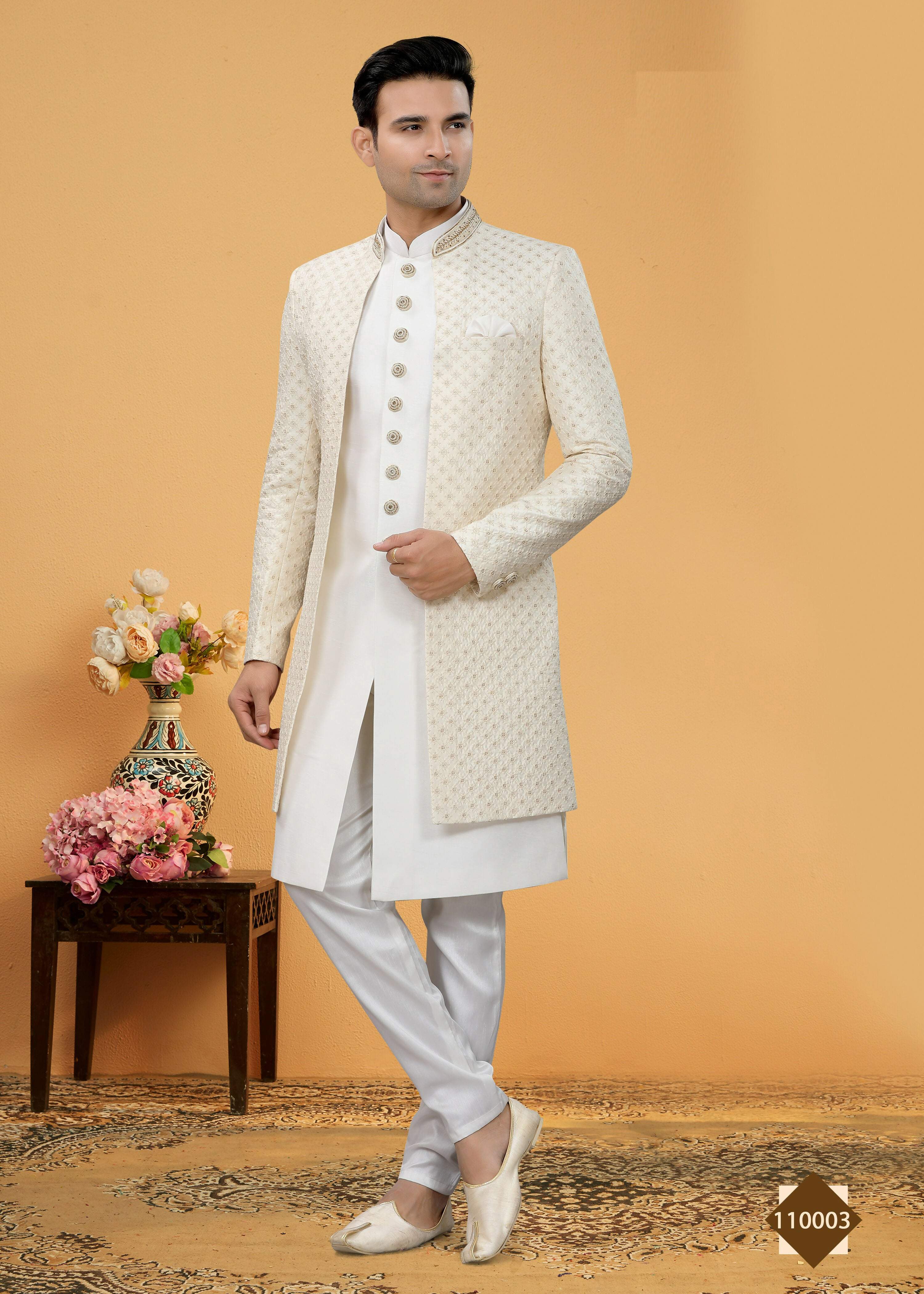 Boys Traditional White Art Silk Straight Kurta Pyjama Set
