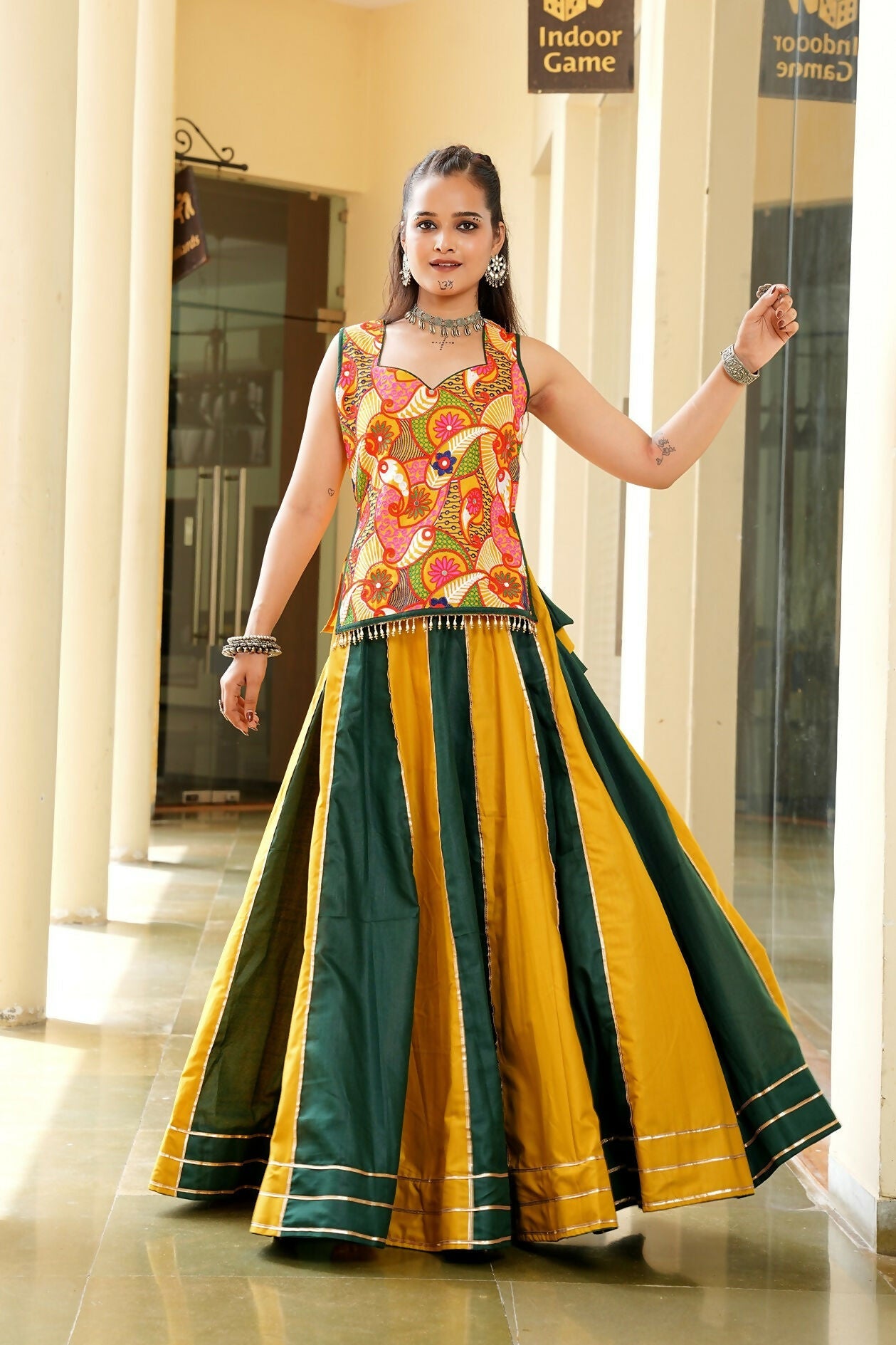 Mustard & Green Cotton Designer Lehenga Choli for Navratri