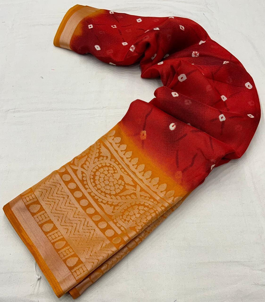 Red Jute Silk Bandhani Print Saree with Cut Broaso Border