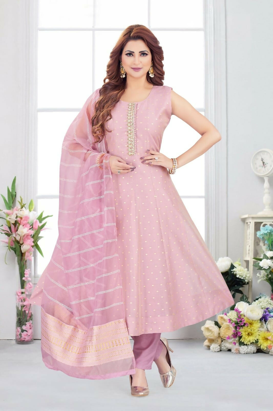 Lilac Jacquard Kurta Set for Women - Festive Traditional 3-Piece