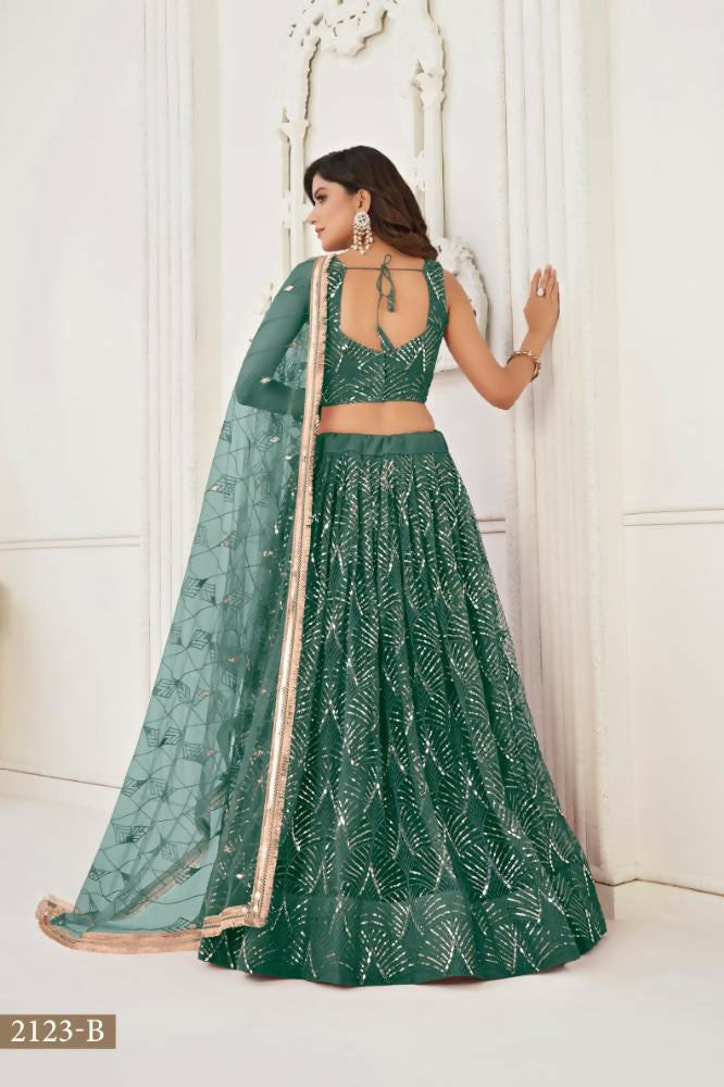 Bottle Green Butterfly Net Lehenga with Mirror and Sequence Work
