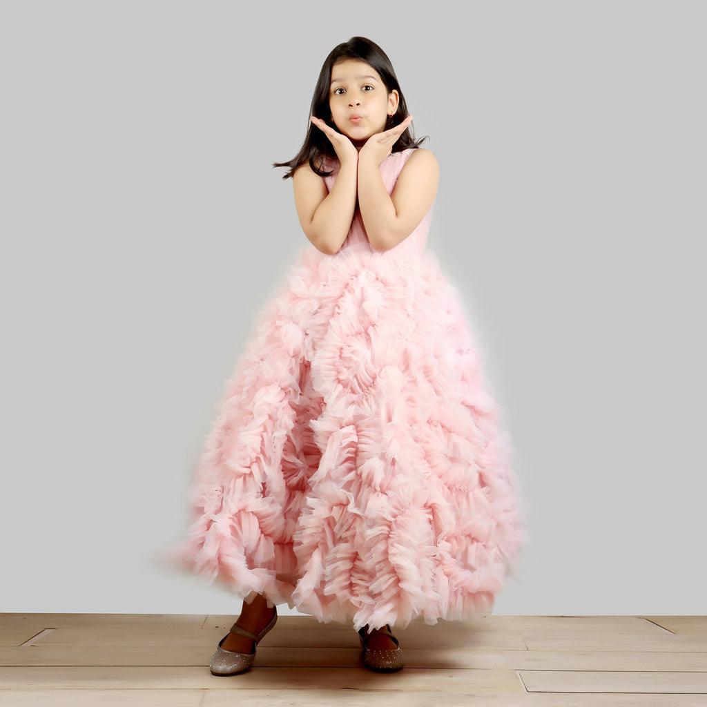 Old Rose Girls Gown with Pleated Chest and Frill Ghera