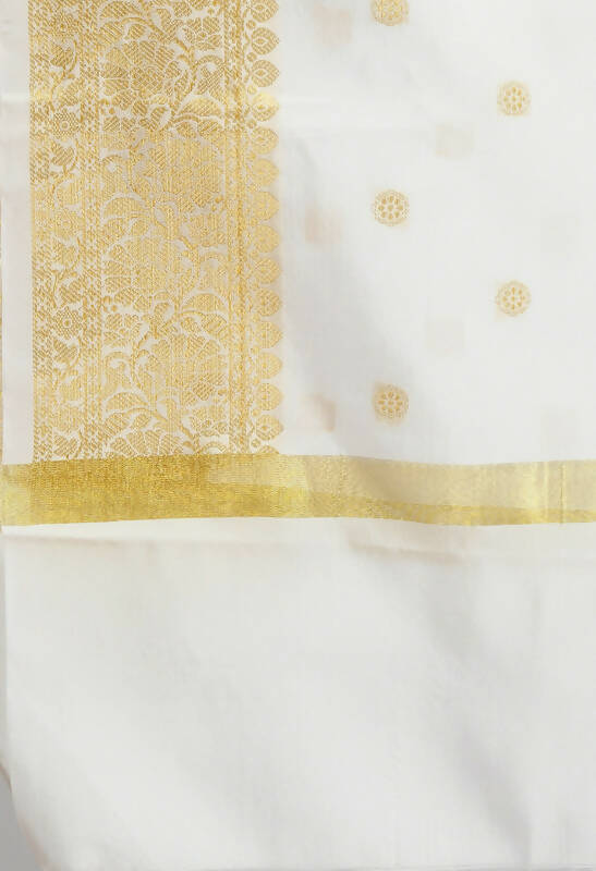 Women's White Banarsi Silk Dupatta with Gold Geometric Woven Design