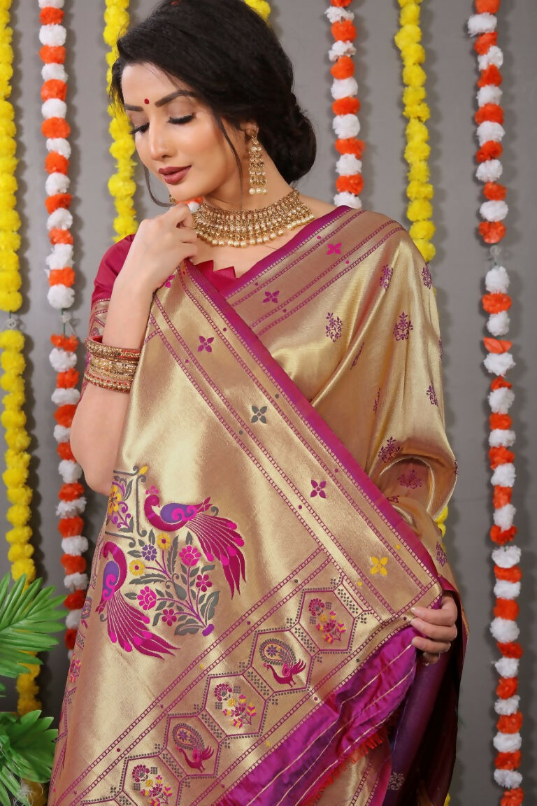 Wine Paithani Silk Zari Woven Saree with Matching Blouse