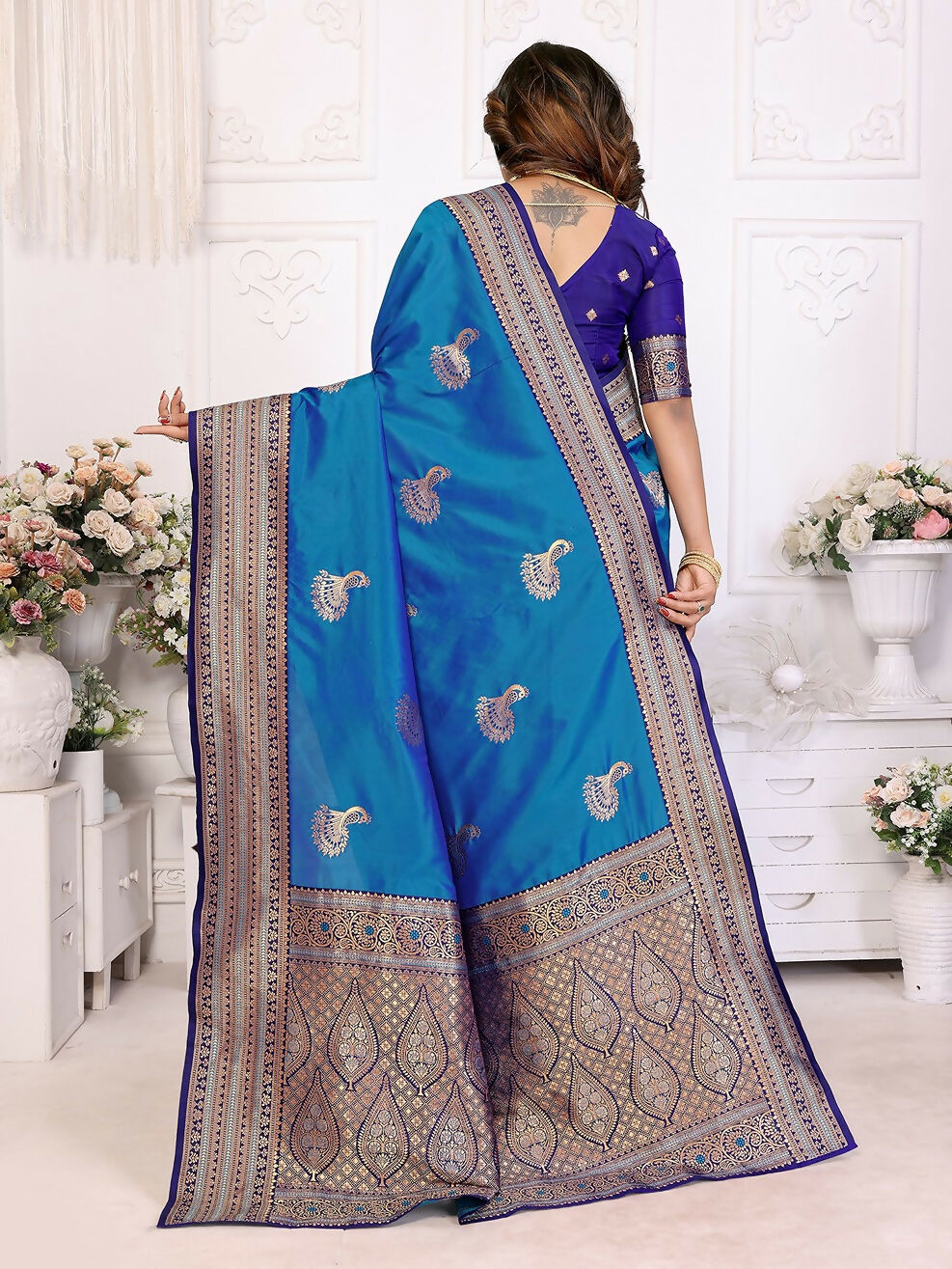 Royal Blue Banarasi Small Butti Soft Silk Saree