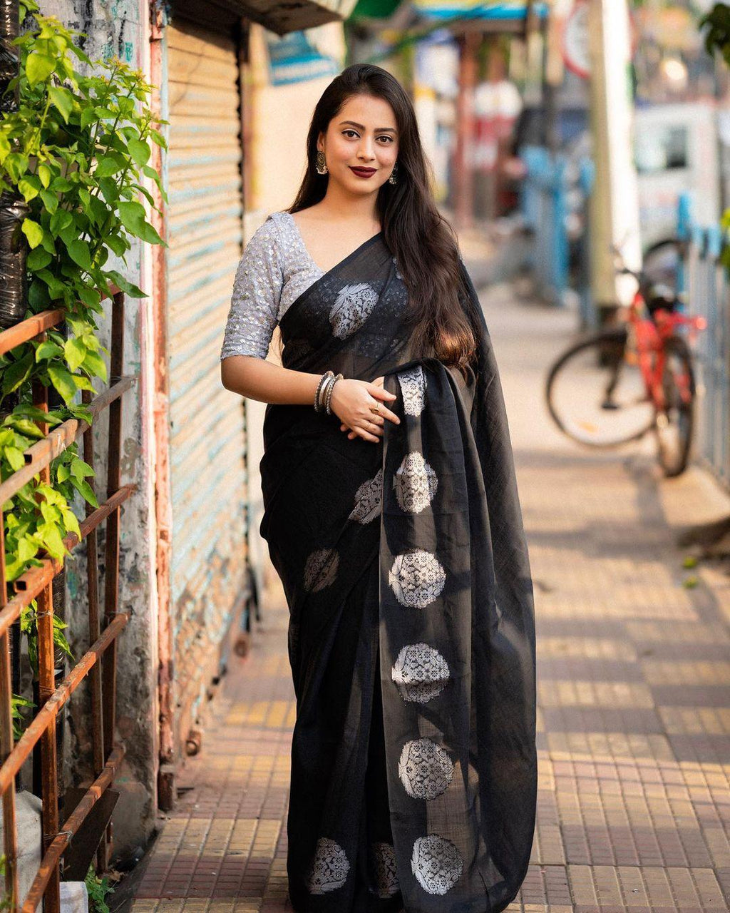Black Pure Linen Saree with Zari Jacquard and Embroidered Blouse