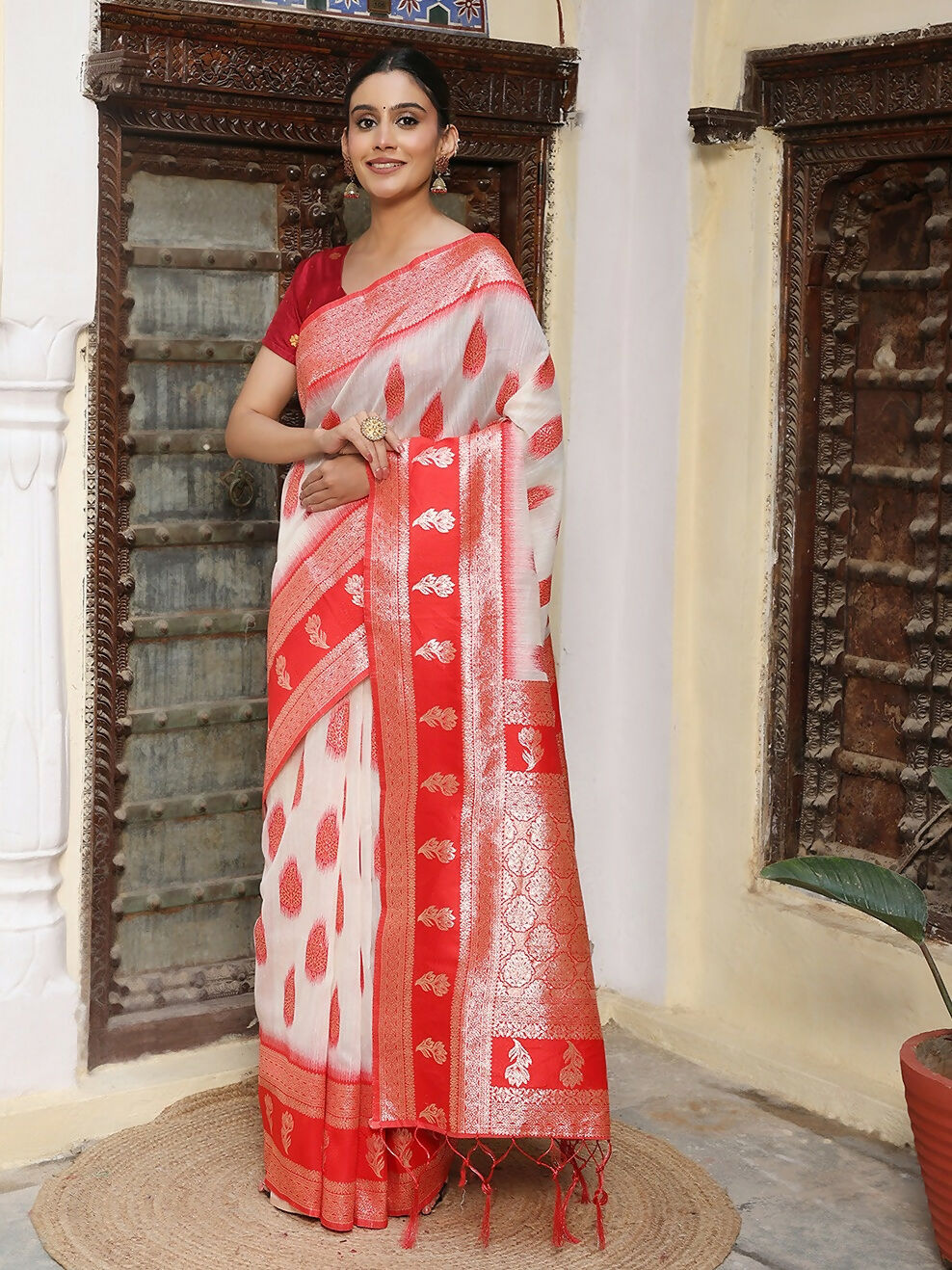 White & Red Linen Cotton Saree with Matching Blouse