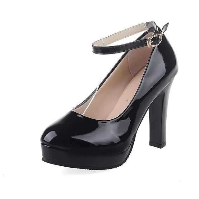 Women's Round Toe Buckle Platform High Heels in White and Red - Image 10