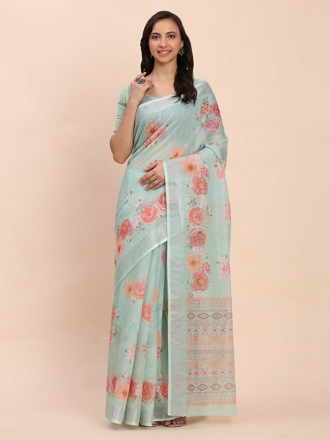 Shree Shyam Fashion Linen Cotton Sea Green Saree