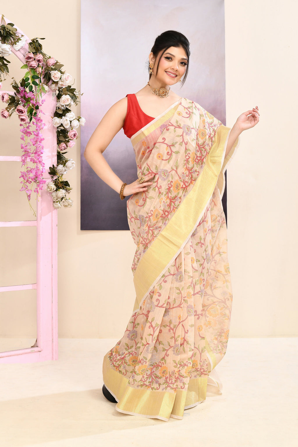 Beige Embellished Printed Saree in Cotton Blend