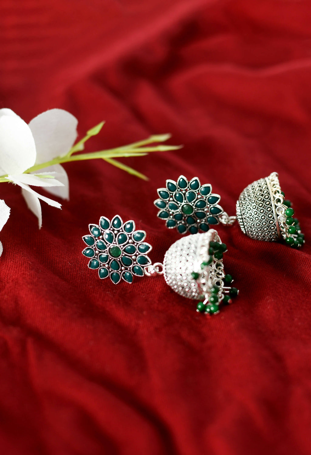 Joharkamal Kundan Jhumka Earrings with Green Beads, Silver-Plated