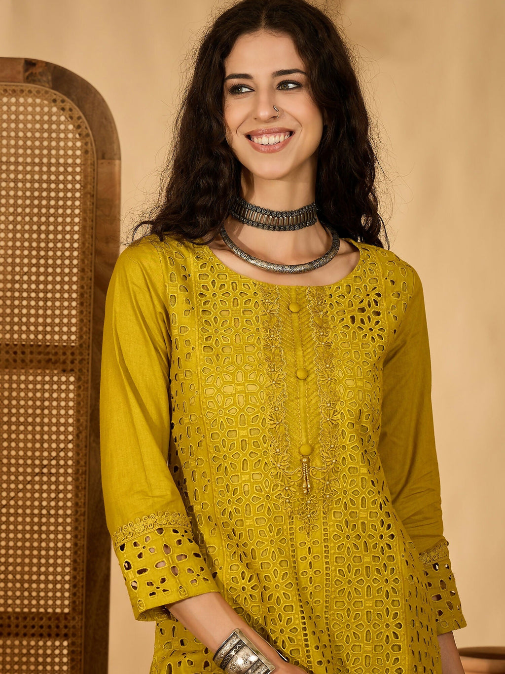 Mustard Embroidered Pure Cotton Cord Set
