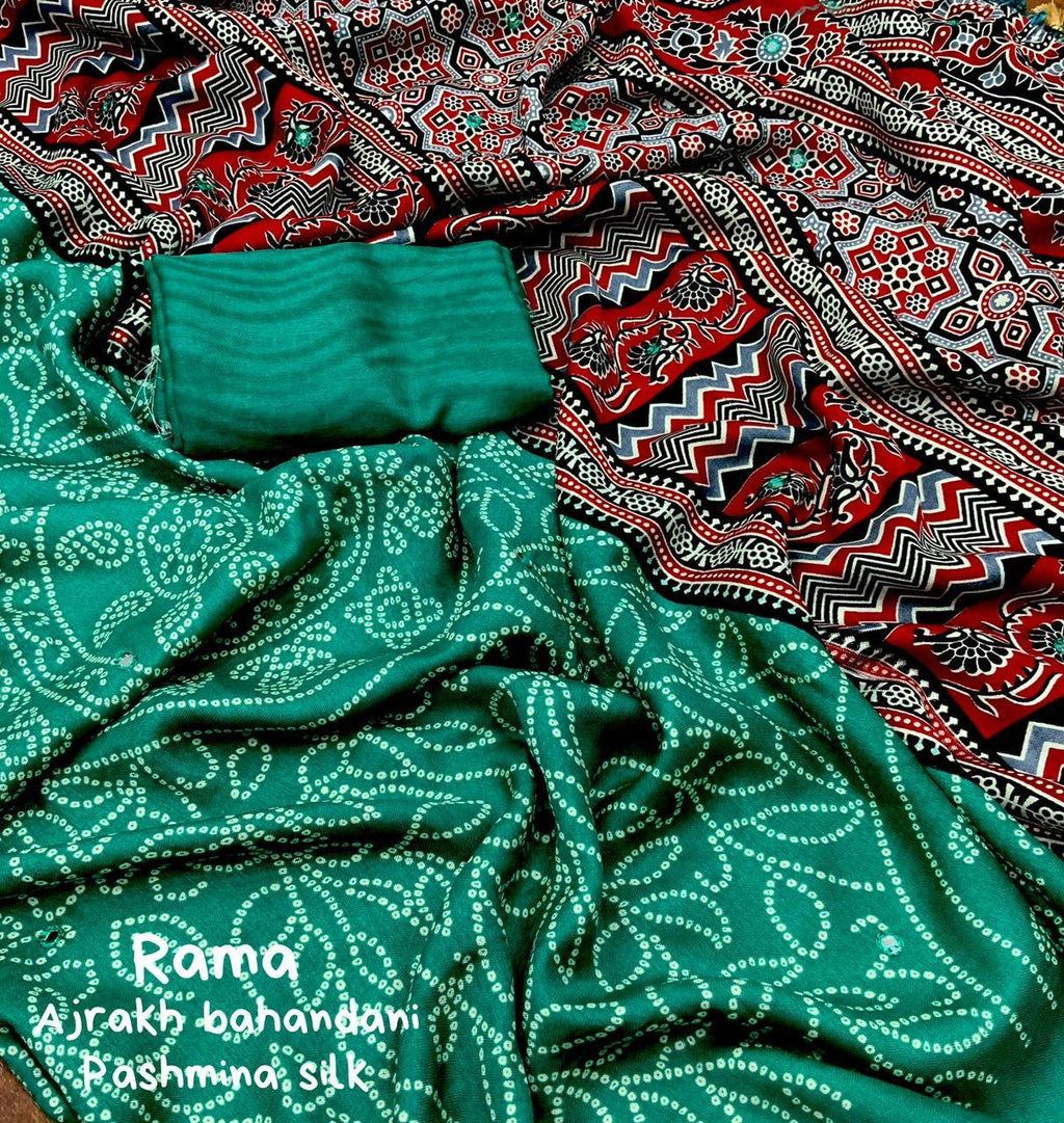 Green Silk Blend Ajrak Saree with Pashmina Texture