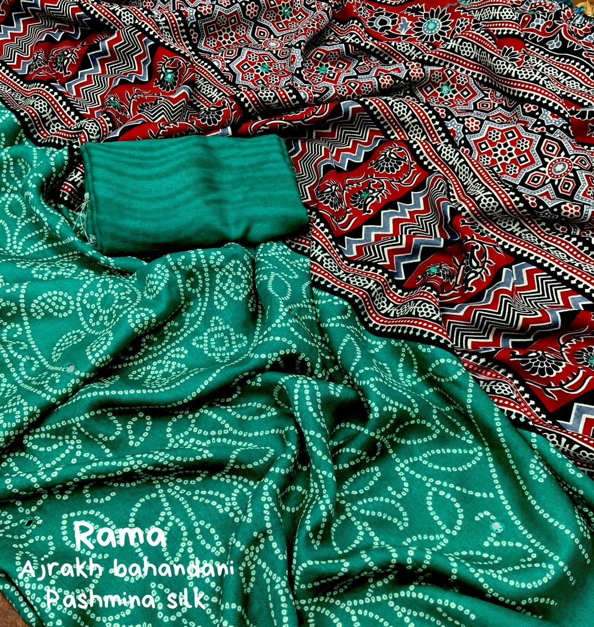 Green Silk Blend Ajrak Saree with Pashmina Texture