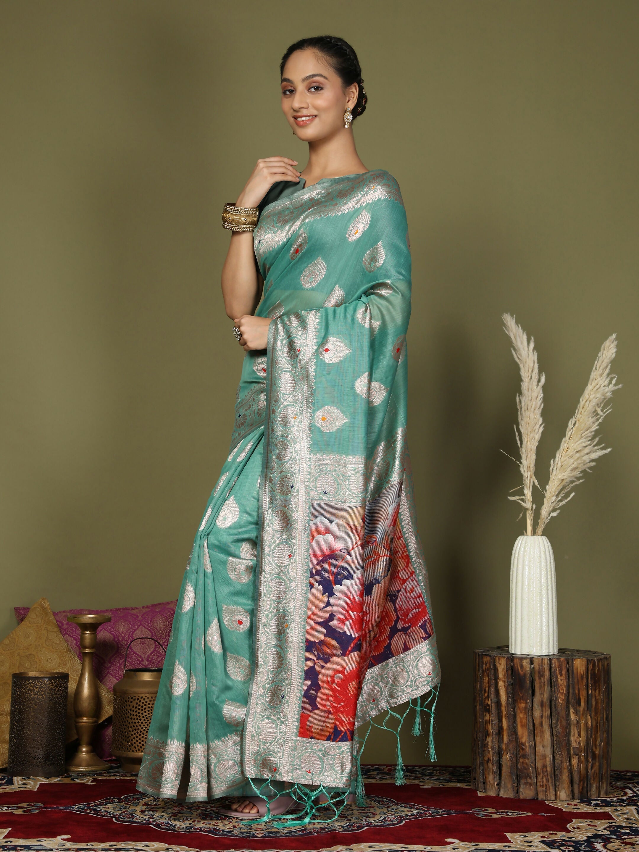 Rama Green Linen Cotton Saree with Matching Blouse Piece