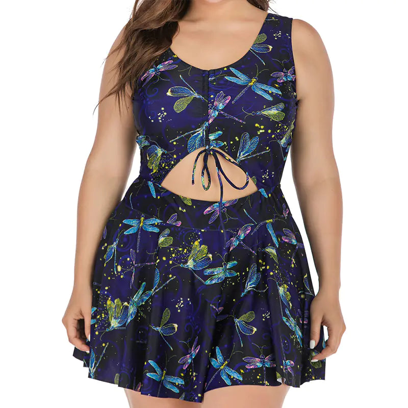 Women's Leaf Print Cutout One-Piece Swimsuit with Skirt Overlay - Image 21