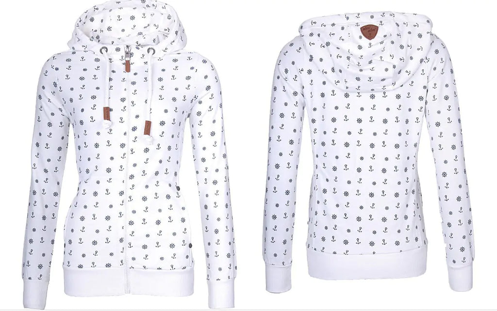 A white and a navy blue women's zip-up hoodie featuring a nautical anchor and wheel print with a fleece interior.