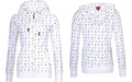 A white and a navy blue women's zip-up hoodie featuring a nautical anchor and wheel print with a fleece interior.