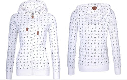 A white and a navy blue women's zip-up hoodie featuring a nautical anchor and wheel print with a fleece interior.
