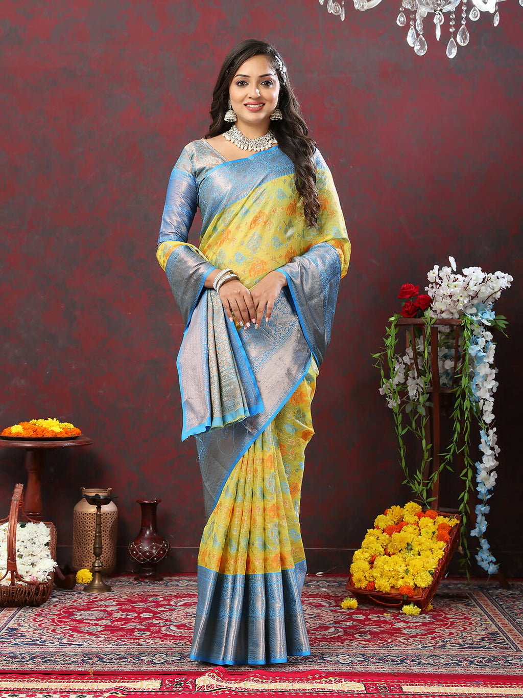Yellow Cotton Saree with Zari Meenakari Weaving Design