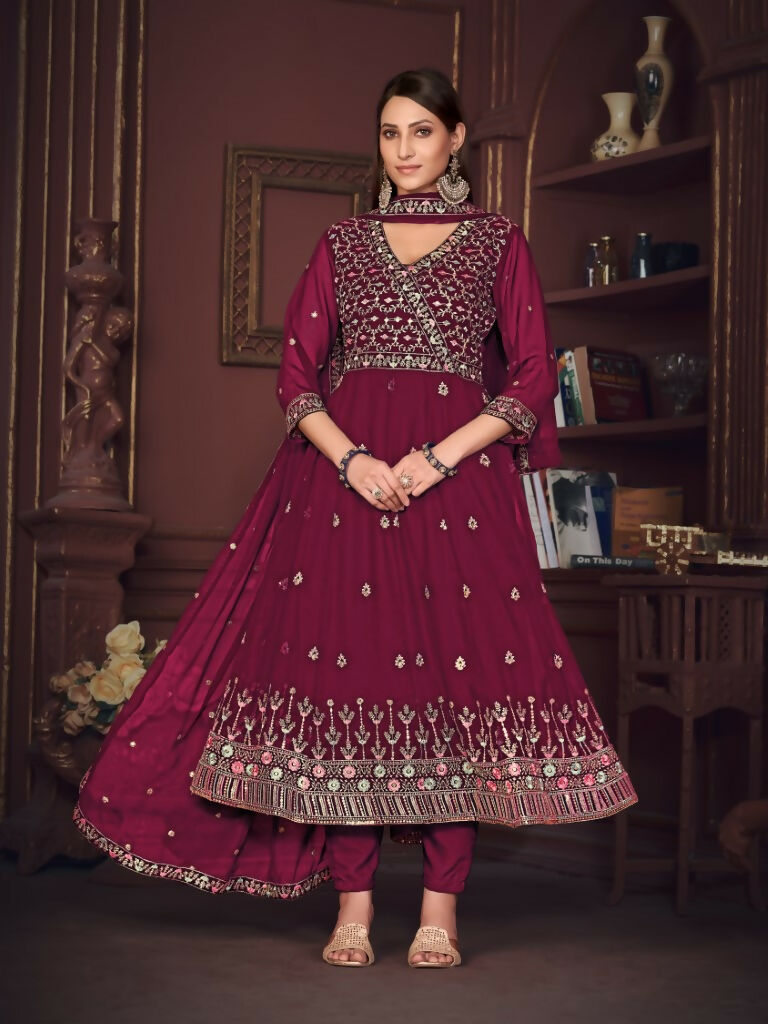 Rani Pink Georgette Embroidered Anarkali Kurta Pant Set