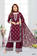 Elegant wine-colored 3-piece rayon kurta set with matching dupatta and cotton lining.