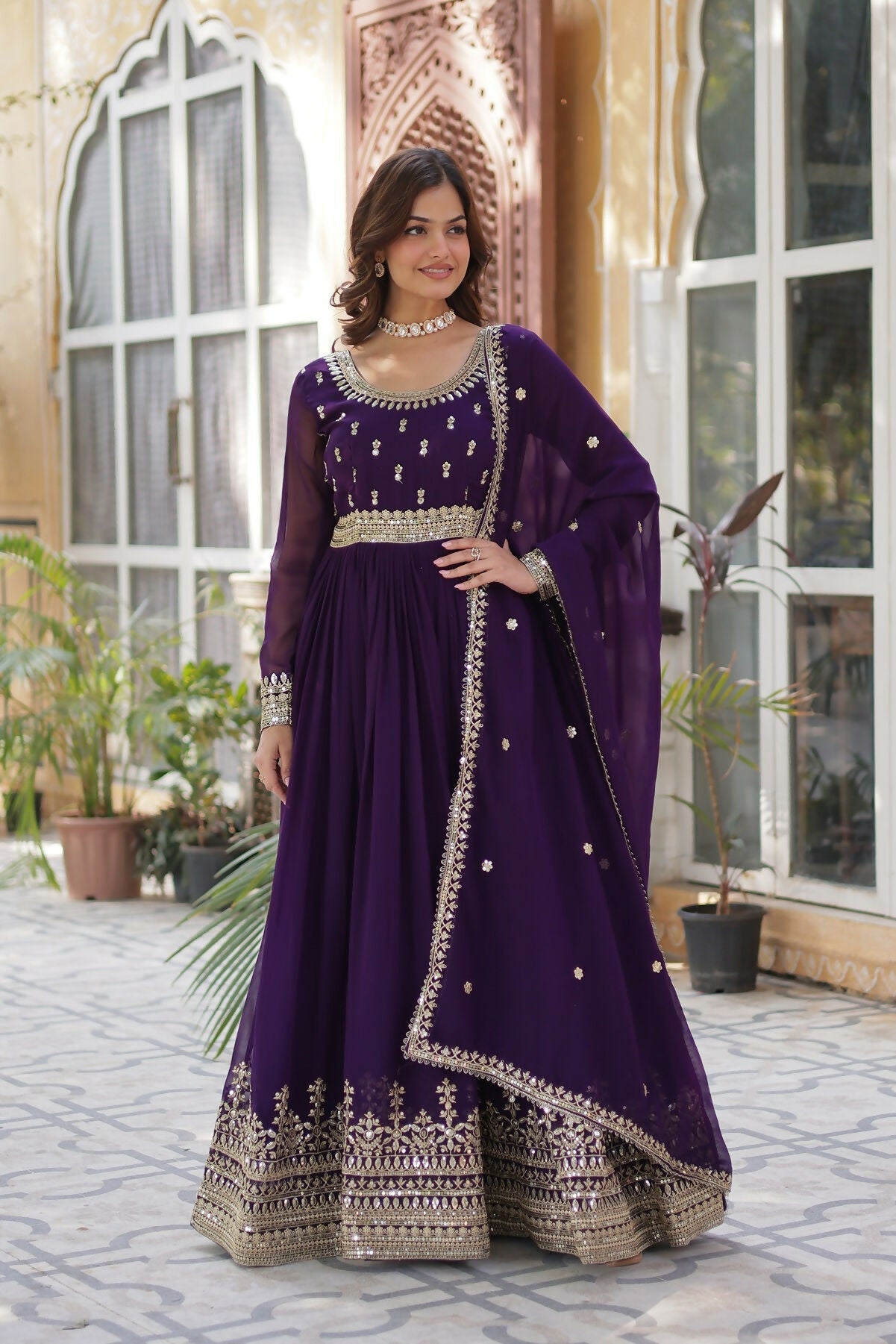 Purple Georgette Kurta Set with Intricate Sequence Embroidery