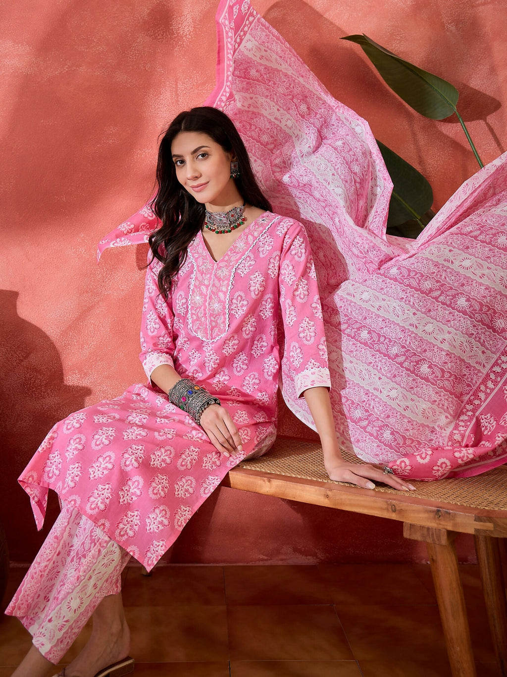 Women's Pink Printed Pure Cotton Kurta Set - Ethnic Wear