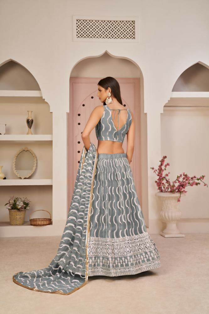 Gray Butterfly Net Wedding Lehenga Choli with Zari & Thread Work
