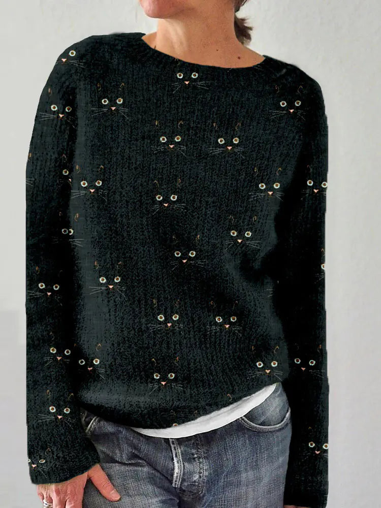 Women's Cat Print Pullover Sweater Long Sleeve Cozy Knit Top - Image 2