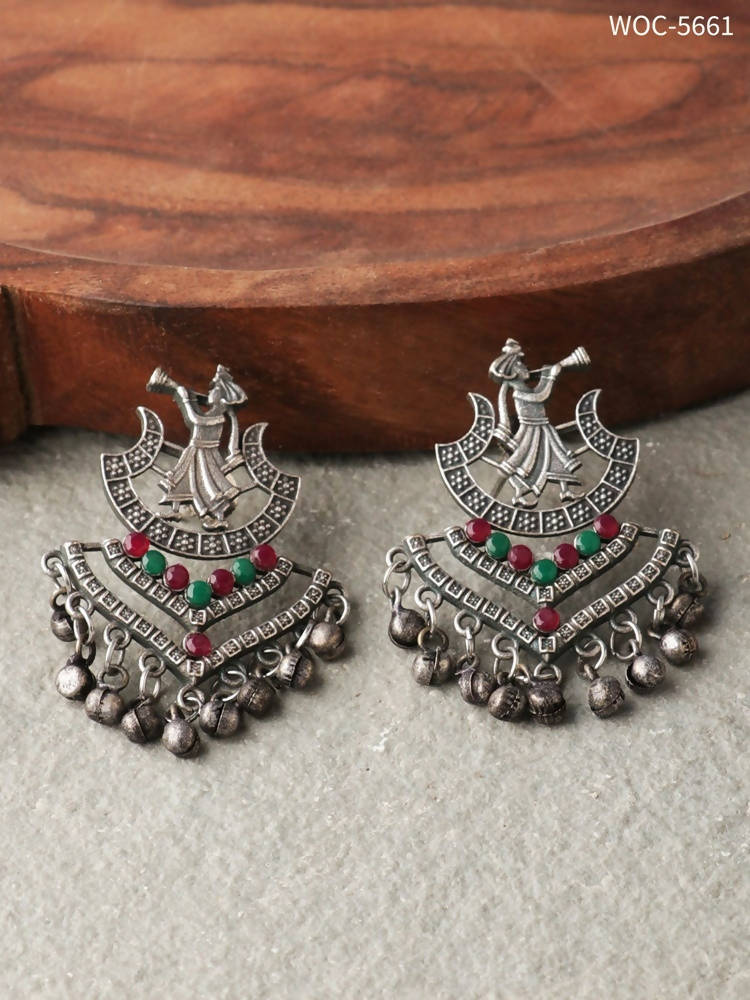 Johar Kamal Oxidised Silver Ghungroo Earrings with Multi Stone