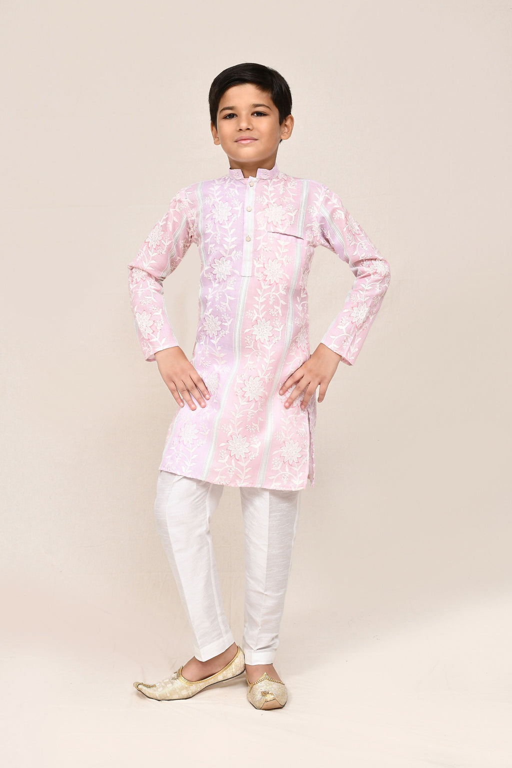 Pink and light purple cotton kurta with white straight fit art silk pants