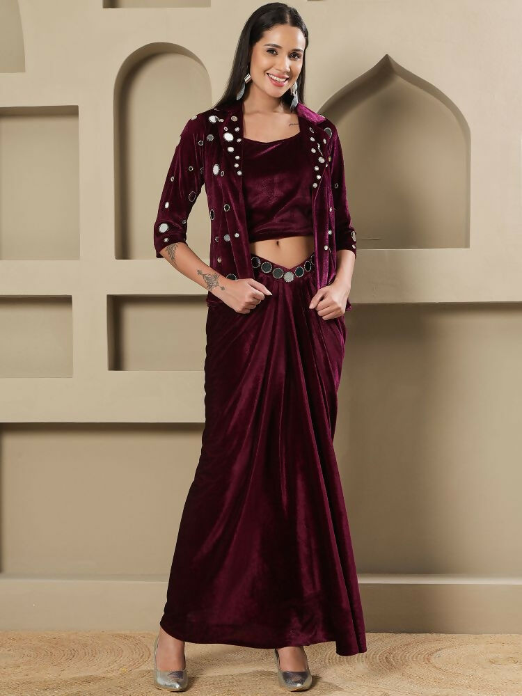 Women's Wine Velvet Hand Embellished Stitched Evening Dress