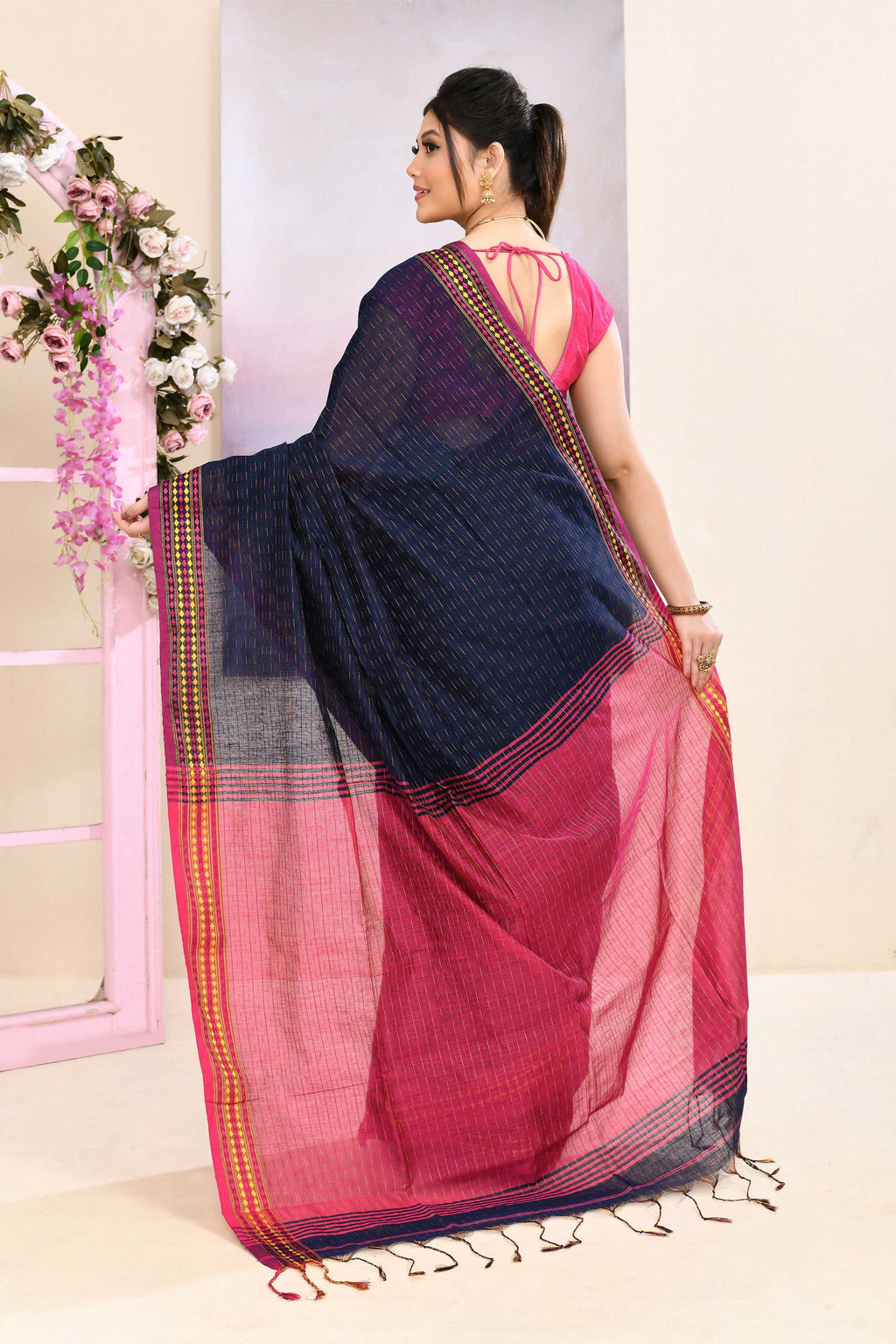 Navy Blue Embellished Cotton Blend Jamdani Saree