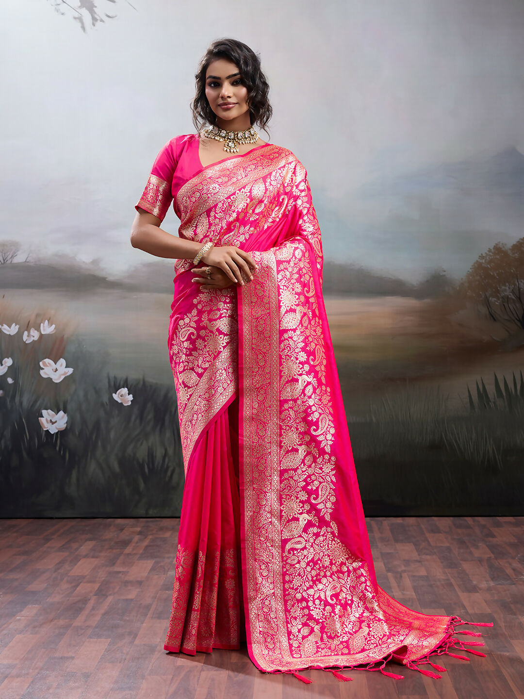 Solid soft pink silk blend saree with matching blouse
