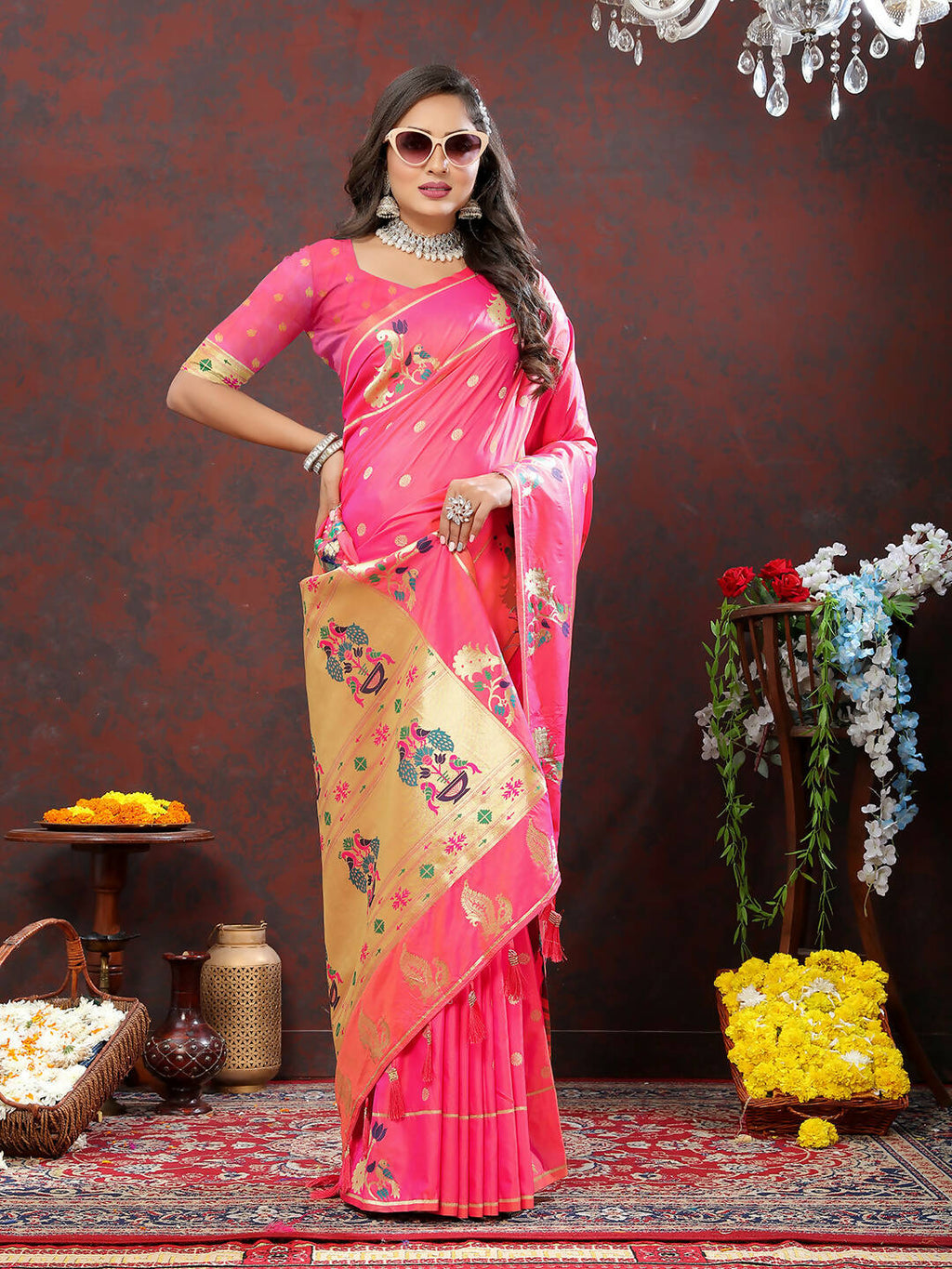Pink Soft Paithani Silk Saree with Gold Zari Meenakari Weaving