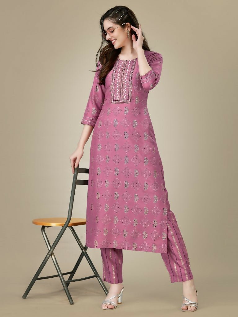 Purple embroidered straight-fit kurta with matching pant set