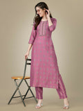 Purple embroidered straight-fit kurta with matching pant set