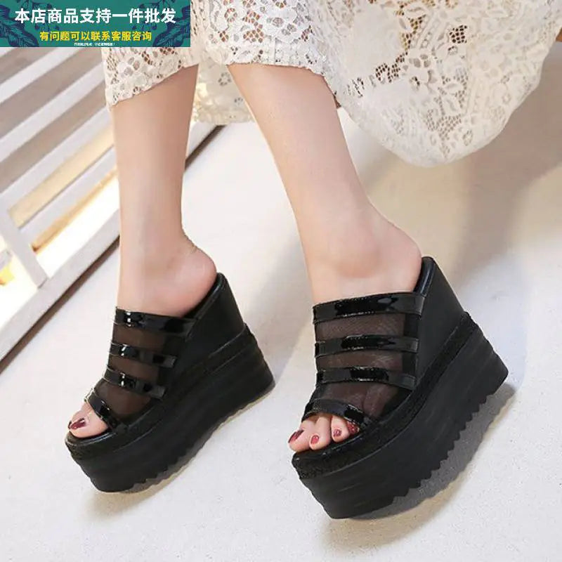 Women's Black Wedge Platform Sandals with Mesh Straps - Image 33