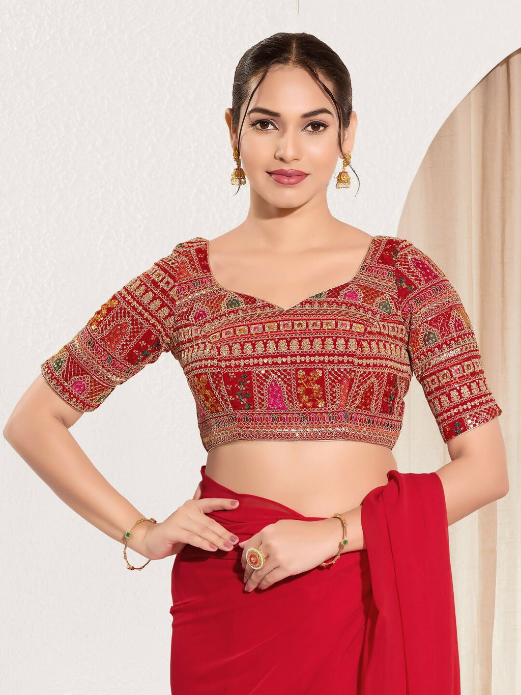 Joban Fashion Red Brocade Padded Blouse With Sweetheart Neck Elbow Sleeves