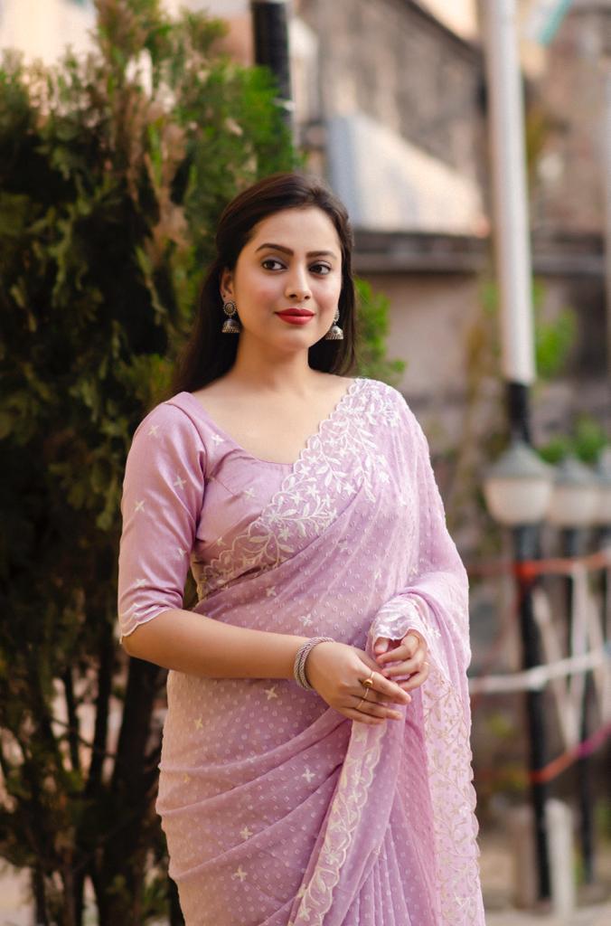 Pink Pure Chiffon Woven Design Saree with Unstitched Blouse - Hiral Fashion