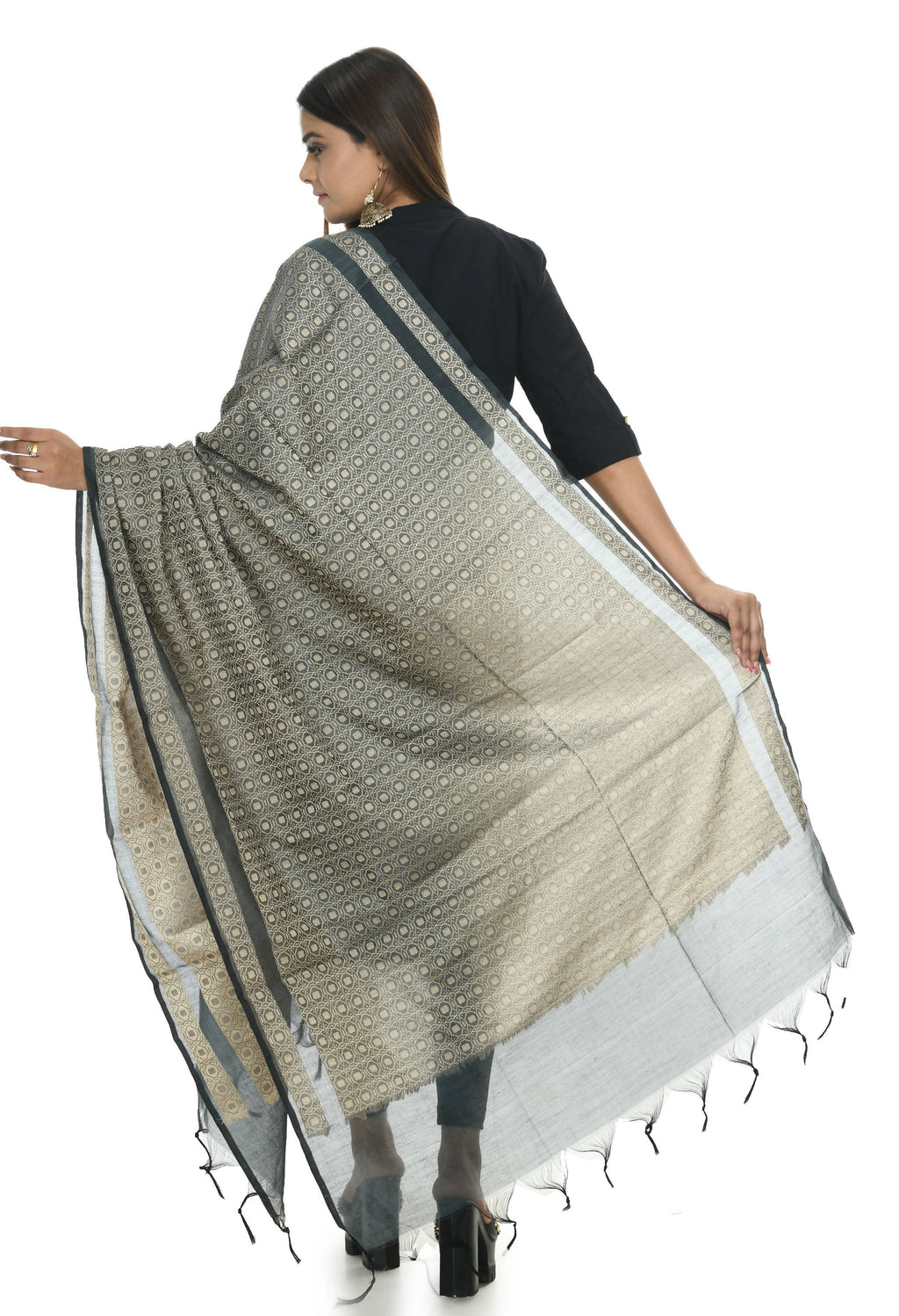 Grey Handloom Cotton Dupatta - Lightweight Breathable Ethnic Wrap