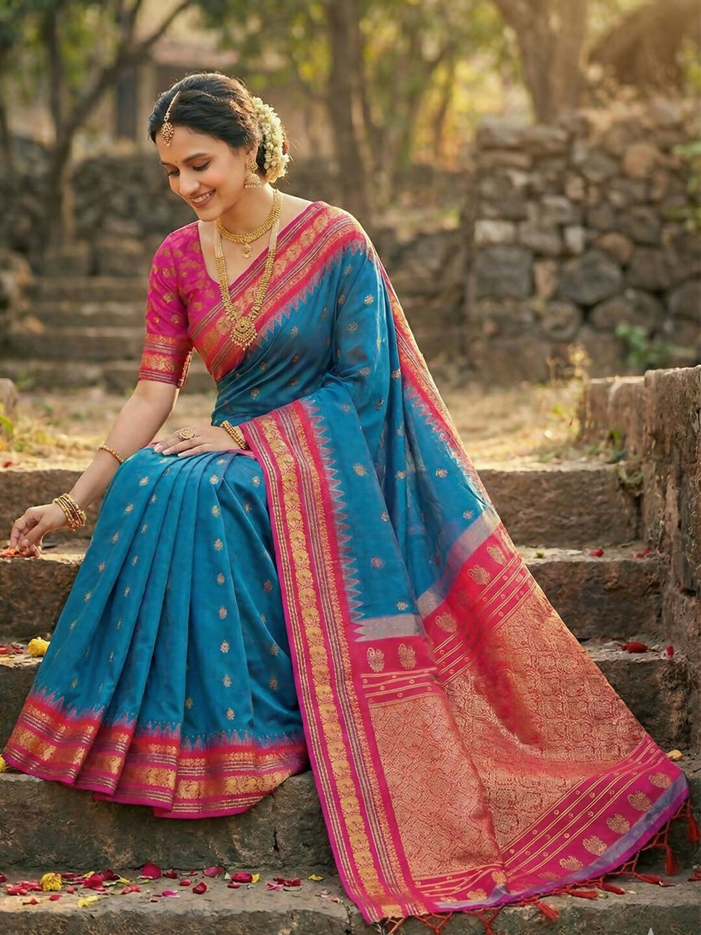 Blue Soft Silk Saree with Matching Blouse Piece