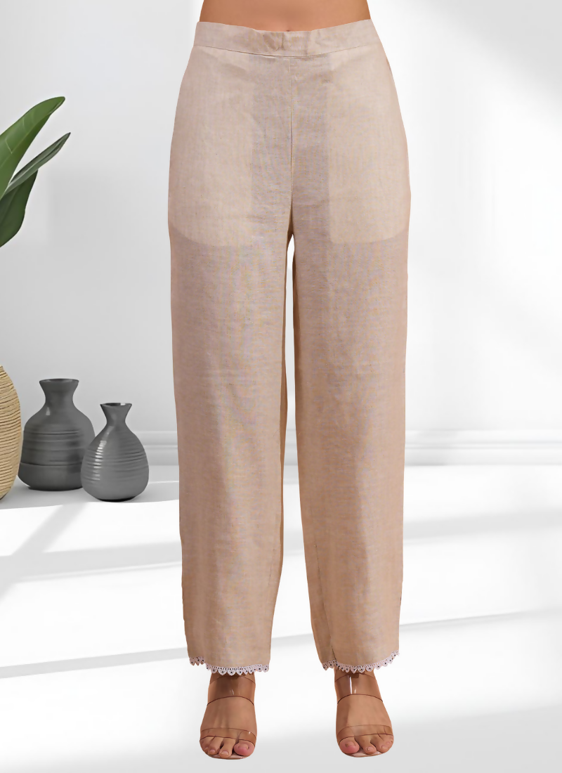 Beige Linen Embroidered Long Kurta with Matching Pant Set